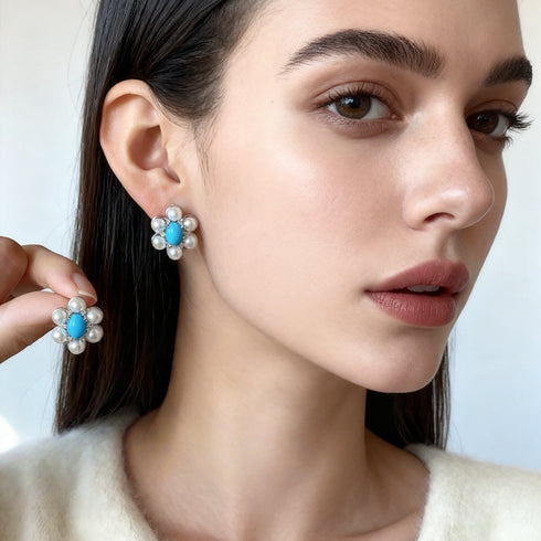 Floral Blue Turquoise Pearl Stud Earrings